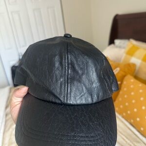Black Faux Leather Baseball Cap